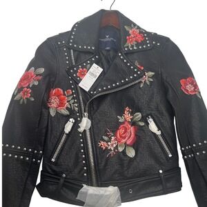 American Eagle XXS Floral Embroidered Studded Faux Leather‎ Moto Biker Jacket